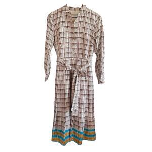J. CREW Collection  | Silk Twill Pleated Brown Plaid Midi Shirt Dress | Size 0